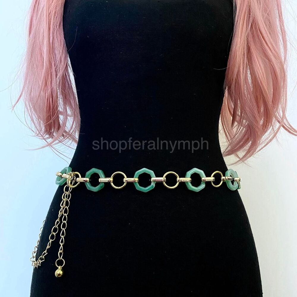 Gold Y2K Green Marbled Hexagon Open Ring Chain Belt, Fits 21-43 Inches, X7GA1356